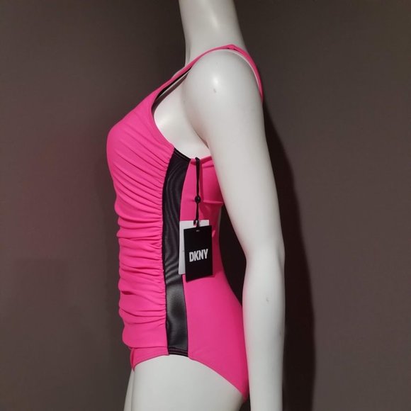 DKNY Neon Pink Ruched Mesh-Contrast One-Piece Swimsuit Size 8 - Picture 3 of 12